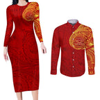 Personalized Gold Coast Suns Polynesian Couples Matching Long Sleeve Bodycon Dress and Long Sleeve Button Shirt Tribal Chest and Sleeve Tattoo Heritage Warrior