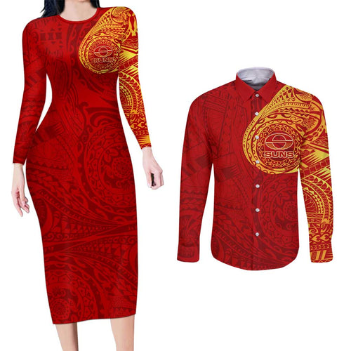 Personalized Gold Coast Suns Polynesian Couples Matching Long Sleeve Bodycon Dress and Long Sleeve Button Shirt Tribal Chest and Sleeve Tattoo Heritage Warrior