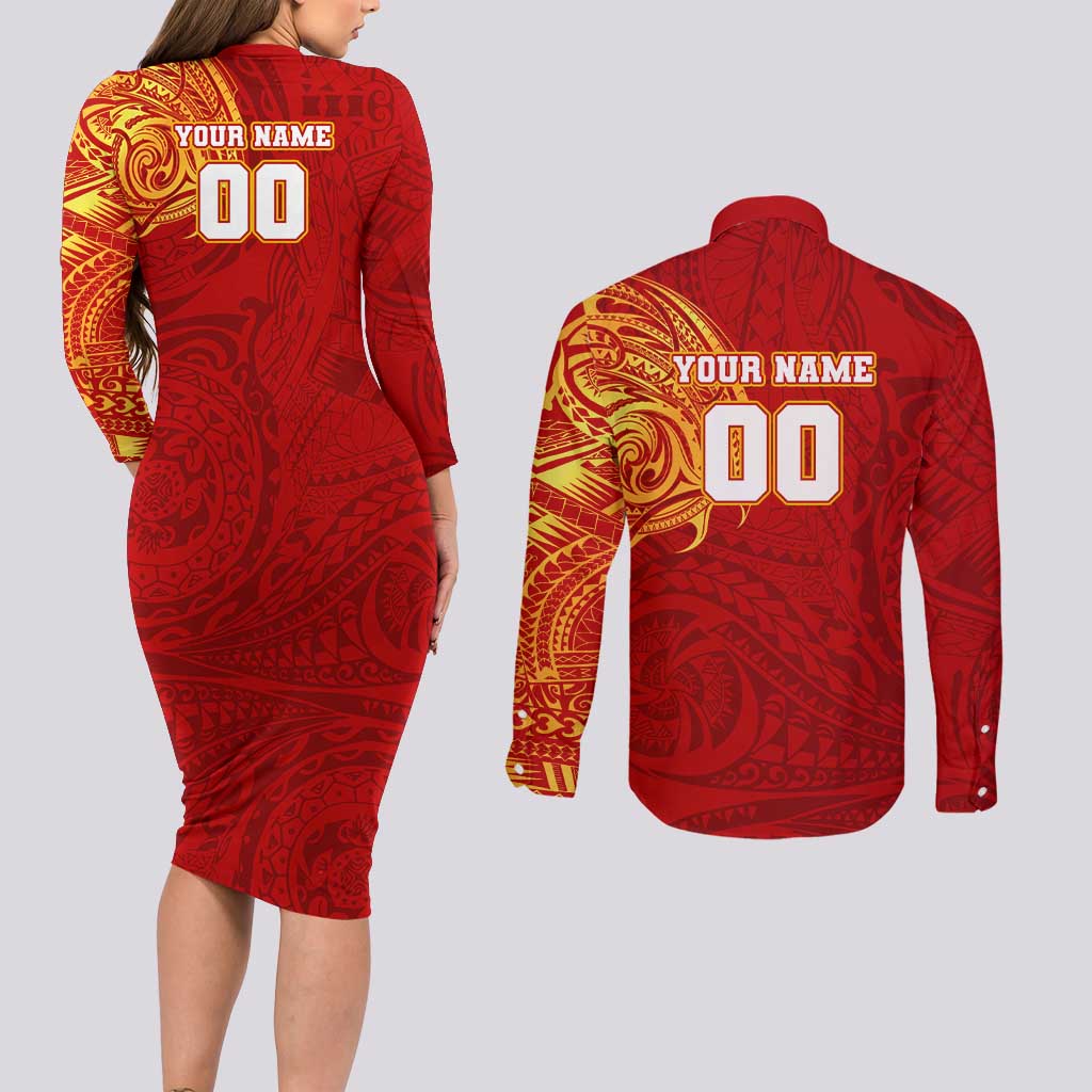Personalized Gold Coast Suns Polynesian Couples Matching Long Sleeve Bodycon Dress and Long Sleeve Button Shirt Tribal Chest and Sleeve Tattoo Heritage Warrior