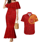 Personalized Gold Coast Suns Polynesian Couples Matching Mermaid Dress and Hawaiian Shirt Tribal Chest and Sleeve Tattoo Heritage Warrior