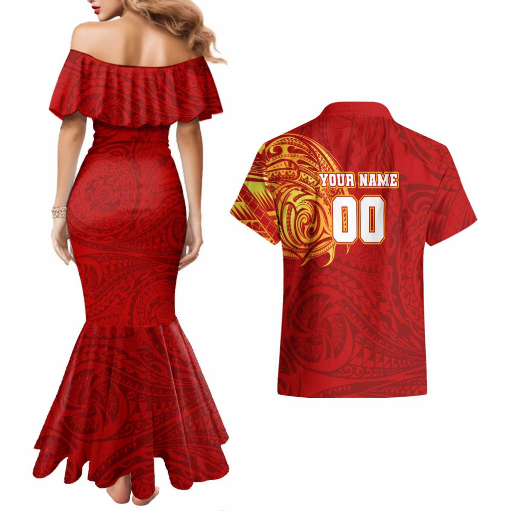 Personalized Gold Coast Suns Polynesian Couples Matching Mermaid Dress and Hawaiian Shirt Tribal Chest and Sleeve Tattoo Heritage Warrior