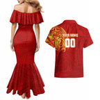 Personalized Gold Coast Suns Polynesian Couples Matching Mermaid Dress and Hawaiian Shirt Tribal Chest and Sleeve Tattoo Heritage Warrior