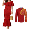 Personalized Gold Coast Suns Polynesian Couples Matching Mermaid Dress and Long Sleeve Button Shirt Tribal Chest and Sleeve Tattoo Heritage Warrior