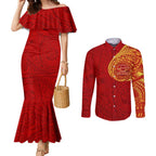 Personalized Gold Coast Suns Polynesian Couples Matching Mermaid Dress and Long Sleeve Button Shirt Tribal Chest and Sleeve Tattoo Heritage Warrior