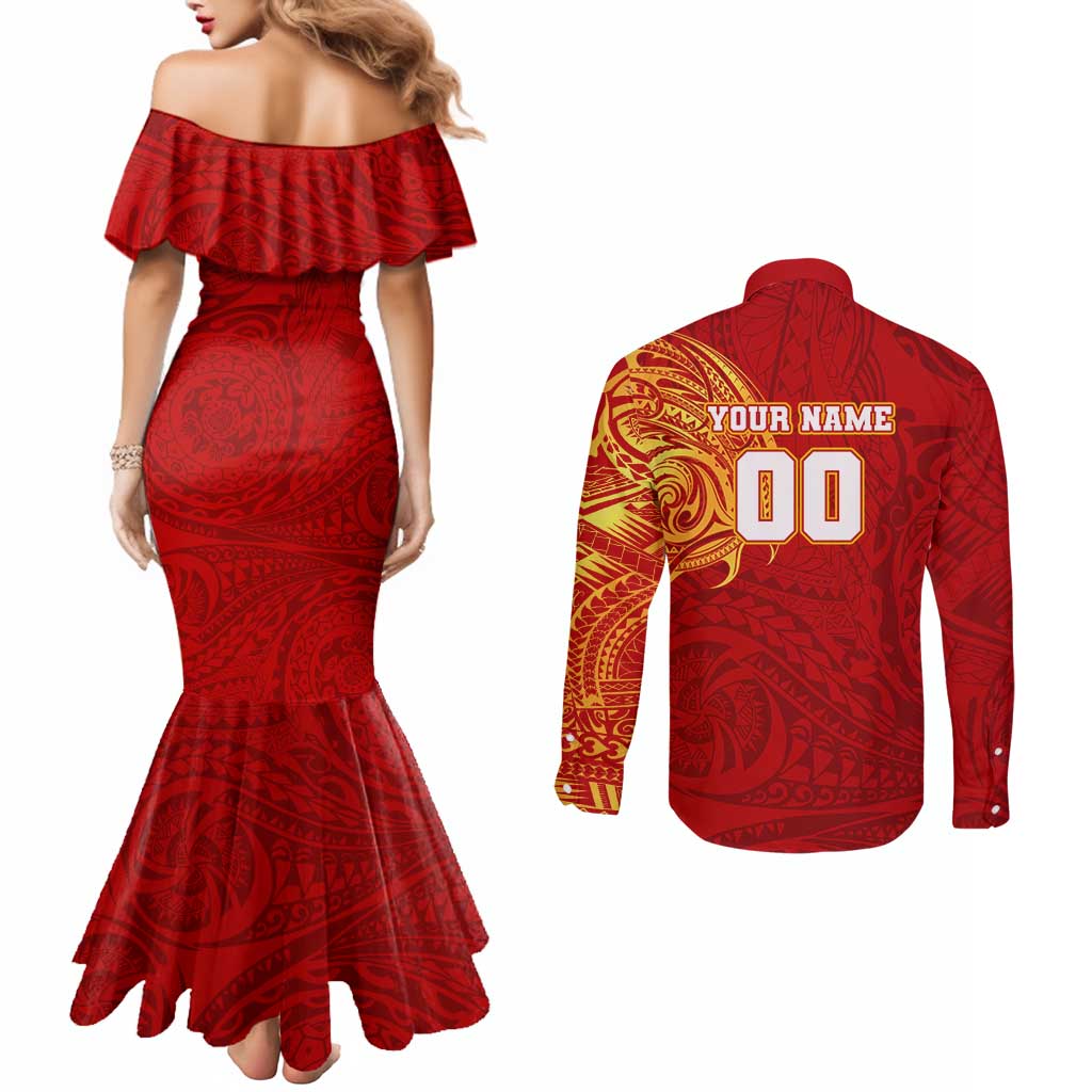 Personalized Gold Coast Suns Polynesian Couples Matching Mermaid Dress and Long Sleeve Button Shirt Tribal Chest and Sleeve Tattoo Heritage Warrior