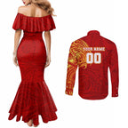 Personalized Gold Coast Suns Polynesian Couples Matching Mermaid Dress and Long Sleeve Button Shirt Tribal Chest and Sleeve Tattoo Heritage Warrior