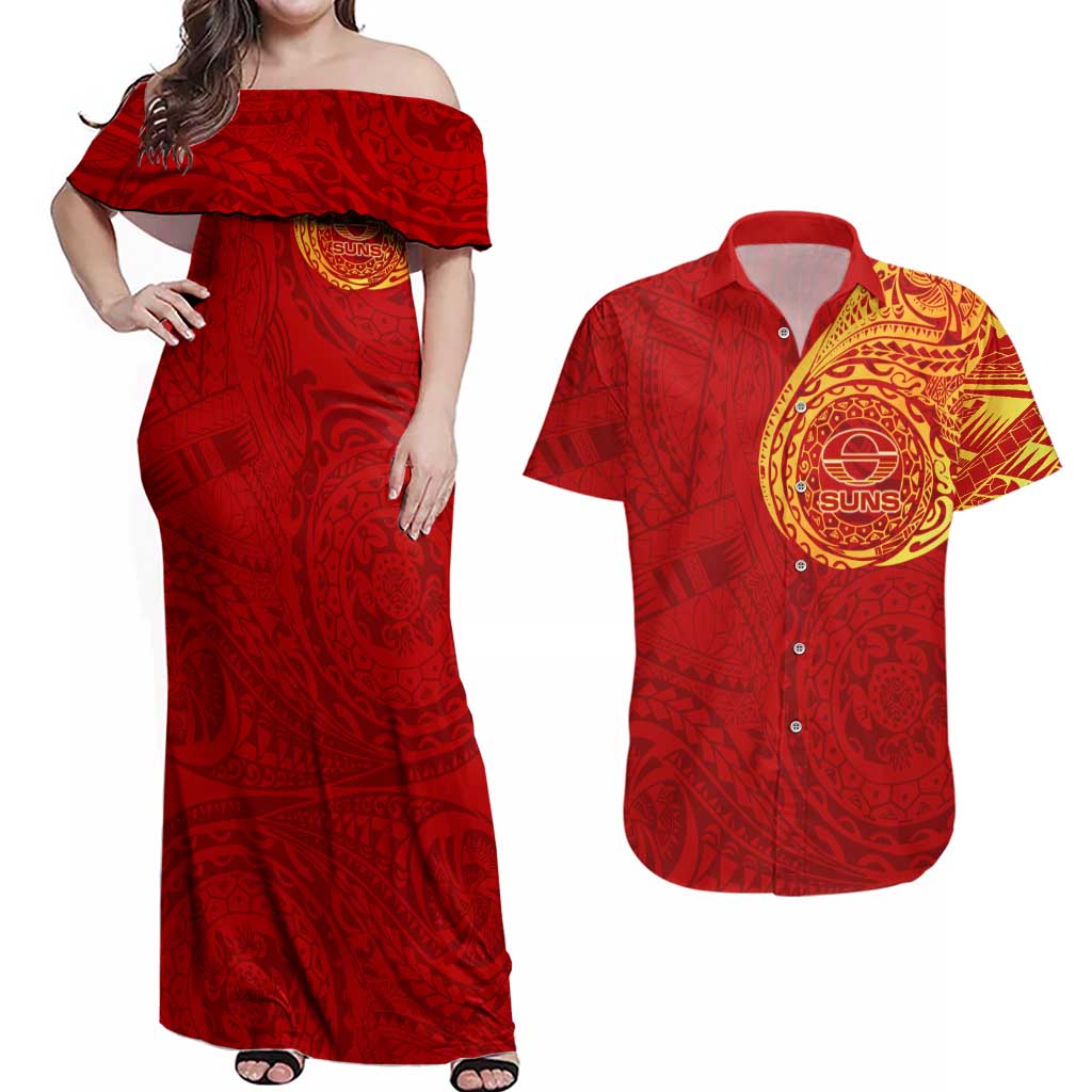 Personalized Gold Coast Suns Polynesian Couples Matching Off Shoulder Maxi Dress and Hawaiian Shirt Tribal Chest and Sleeve Tattoo Heritage Warrior