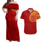 Personalized Gold Coast Suns Polynesian Couples Matching Off Shoulder Maxi Dress and Hawaiian Shirt Tribal Chest and Sleeve Tattoo Heritage Warrior