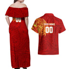 Personalized Gold Coast Suns Polynesian Couples Matching Off Shoulder Maxi Dress and Hawaiian Shirt Tribal Chest and Sleeve Tattoo Heritage Warrior