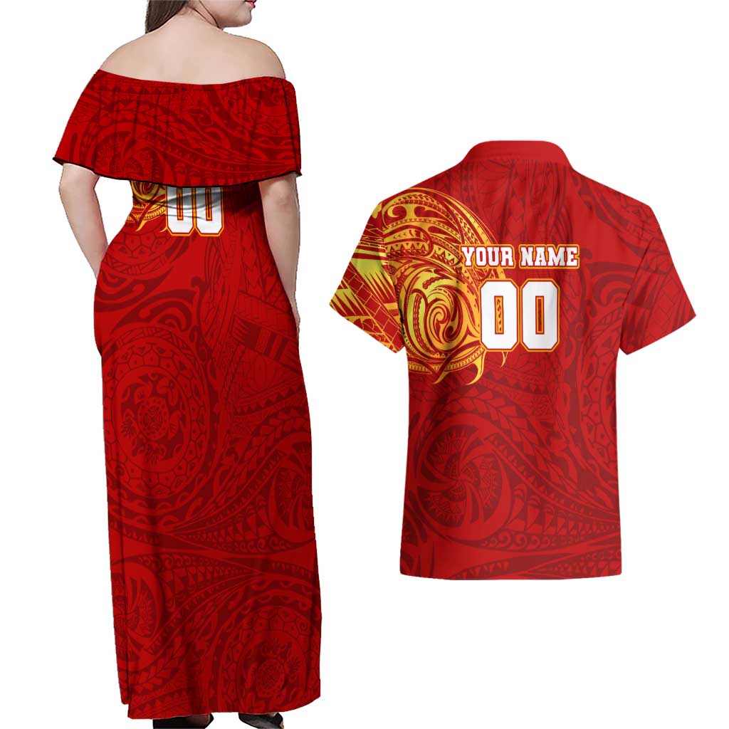 Personalized Gold Coast Suns Polynesian Couples Matching Off Shoulder Maxi Dress and Hawaiian Shirt Tribal Chest and Sleeve Tattoo Heritage Warrior