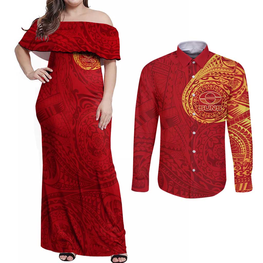 Personalized Gold Coast Suns Polynesian Couples Matching Off Shoulder Maxi Dress and Long Sleeve Button Shirt Tribal Chest and Sleeve Tattoo Heritage Warrior
