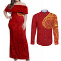 Personalized Gold Coast Suns Polynesian Couples Matching Off Shoulder Maxi Dress and Long Sleeve Button Shirt Tribal Chest and Sleeve Tattoo Heritage Warrior