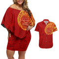 Personalized Gold Coast Suns Polynesian Couples Matching Off Shoulder Short Dress and Hawaiian Shirt Tribal Chest and Sleeve Tattoo Heritage Warrior