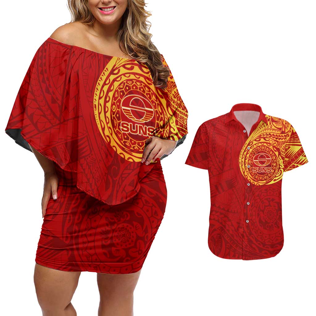 Personalized Gold Coast Suns Polynesian Couples Matching Off Shoulder Short Dress and Hawaiian Shirt Tribal Chest and Sleeve Tattoo Heritage Warrior