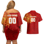 Personalized Gold Coast Suns Polynesian Couples Matching Off Shoulder Short Dress and Hawaiian Shirt Tribal Chest and Sleeve Tattoo Heritage Warrior