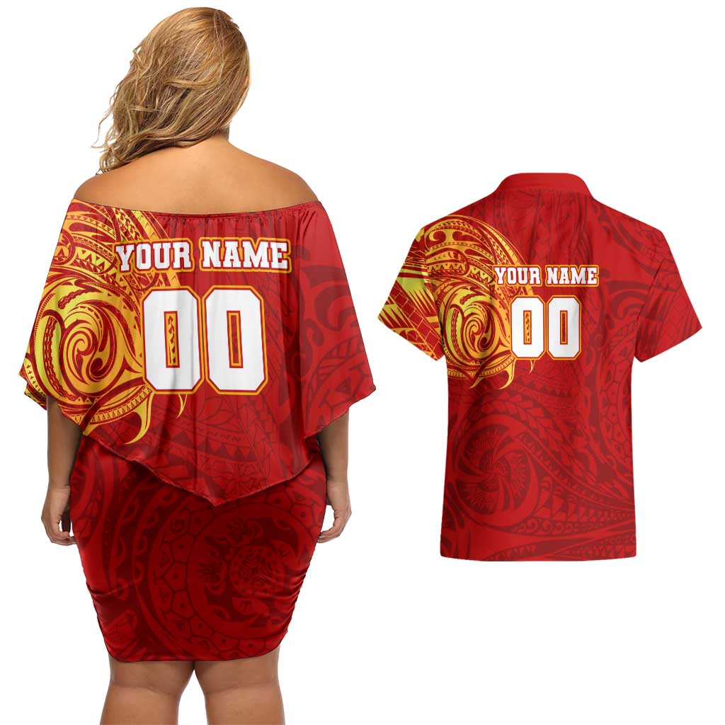 Personalized Gold Coast Suns Polynesian Couples Matching Off Shoulder Short Dress and Hawaiian Shirt Tribal Chest and Sleeve Tattoo Heritage Warrior