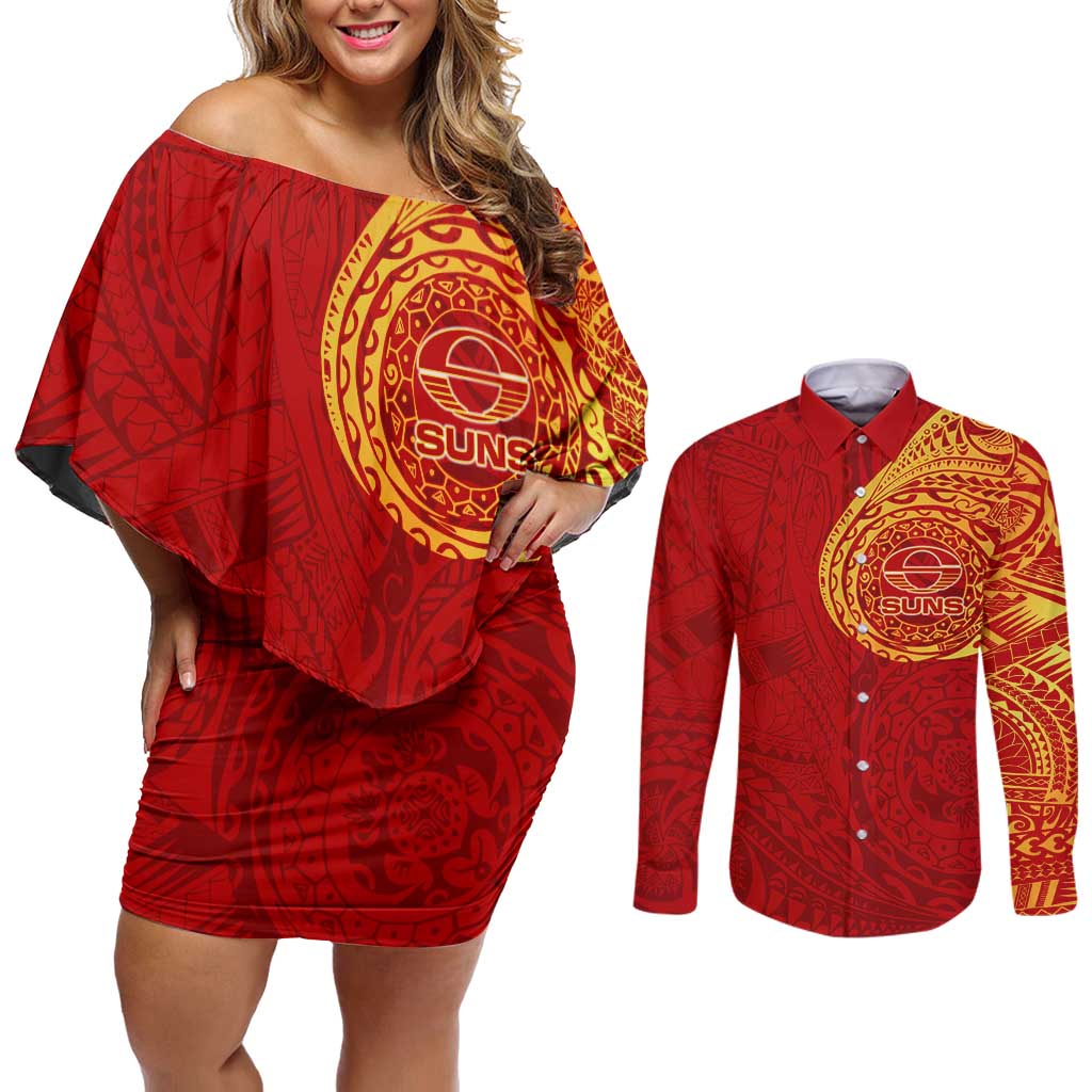 Personalized Gold Coast Suns Polynesian Couples Matching Off Shoulder Short Dress and Long Sleeve Button Shirt Tribal Chest and Sleeve Tattoo Heritage Warrior