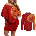 Personalized Gold Coast Suns Polynesian Couples Matching Off Shoulder Short Dress and Long Sleeve Button Shirt Tribal Chest and Sleeve Tattoo Heritage Warrior