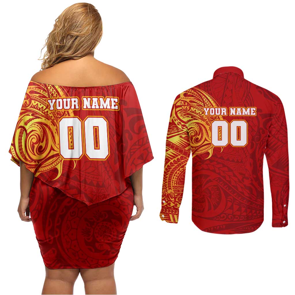 Personalized Gold Coast Suns Polynesian Couples Matching Off Shoulder Short Dress and Long Sleeve Button Shirt Tribal Chest and Sleeve Tattoo Heritage Warrior