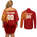 Personalized Gold Coast Suns Polynesian Couples Matching Off Shoulder Short Dress and Long Sleeve Button Shirt Tribal Chest and Sleeve Tattoo Heritage Warrior