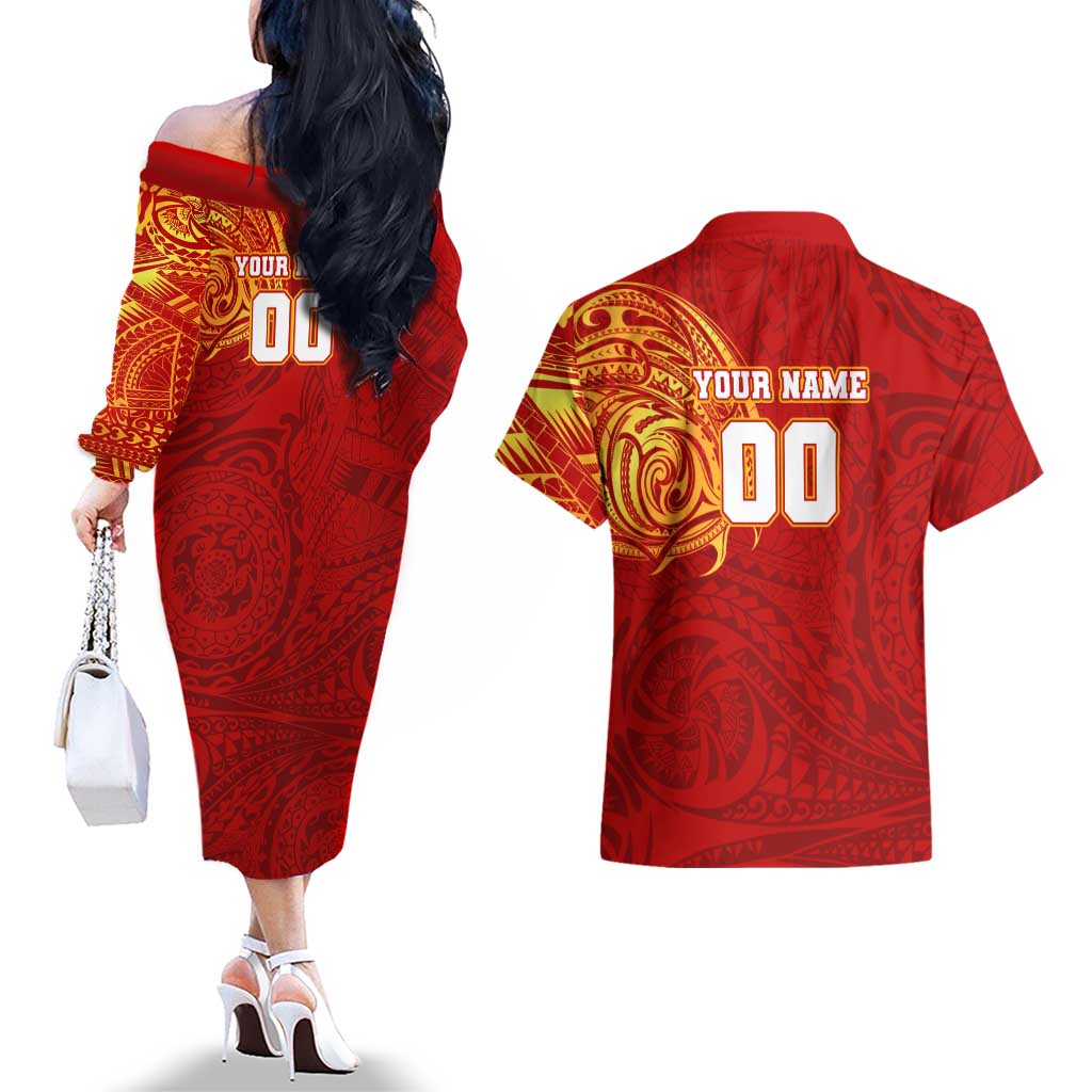 Personalized Gold Coast Suns Polynesian Couples Matching Off The Shoulder Long Sleeve Dress and Hawaiian Shirt Tribal Chest and Sleeve Tattoo Heritage Warrior