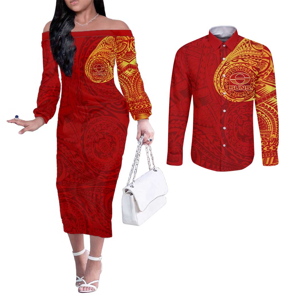 Personalized Gold Coast Suns Polynesian Couples Matching Off The Shoulder Long Sleeve Dress and Long Sleeve Button Shirt Tribal Chest and Sleeve Tattoo Heritage Warrior