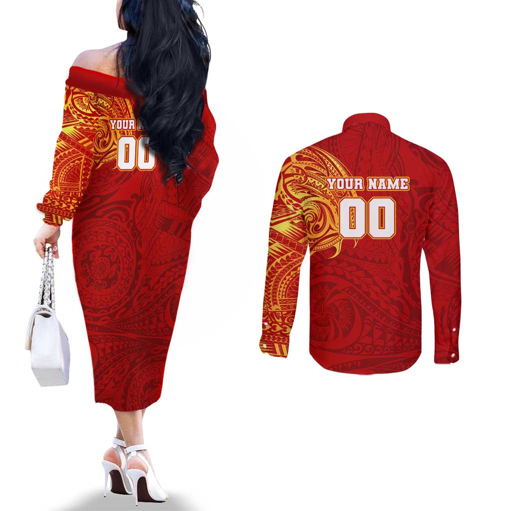 Personalized Gold Coast Suns Polynesian Couples Matching Off The Shoulder Long Sleeve Dress and Long Sleeve Button Shirt Tribal Chest and Sleeve Tattoo Heritage Warrior