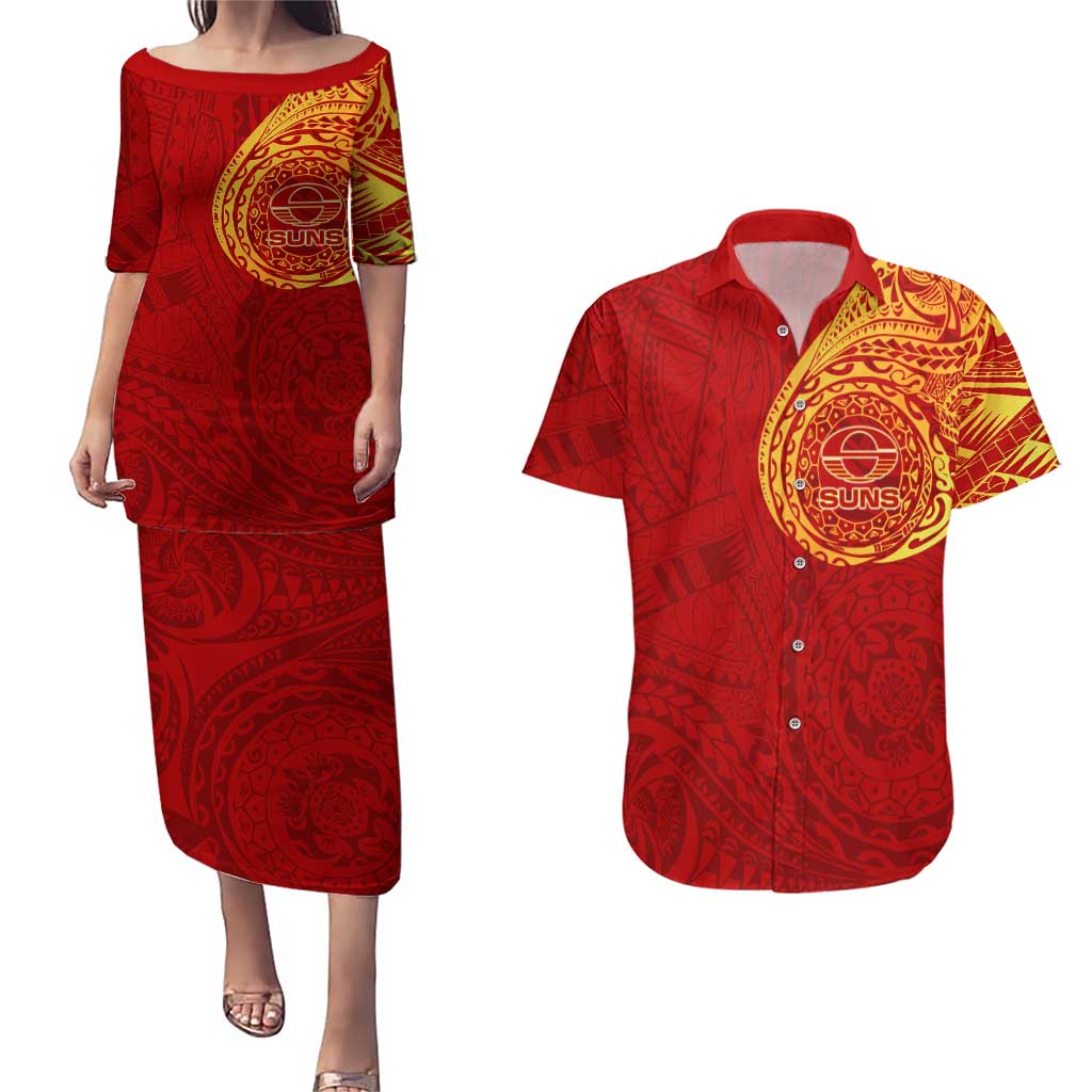 Personalized Gold Coast Suns Polynesian Couples Matching Puletasi and Hawaiian Shirt Tribal Chest and Sleeve Tattoo Heritage Warrior