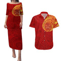 Personalized Gold Coast Suns Polynesian Couples Matching Puletasi and Hawaiian Shirt Tribal Chest and Sleeve Tattoo Heritage Warrior