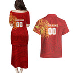 Personalized Gold Coast Suns Polynesian Couples Matching Puletasi and Hawaiian Shirt Tribal Chest and Sleeve Tattoo Heritage Warrior