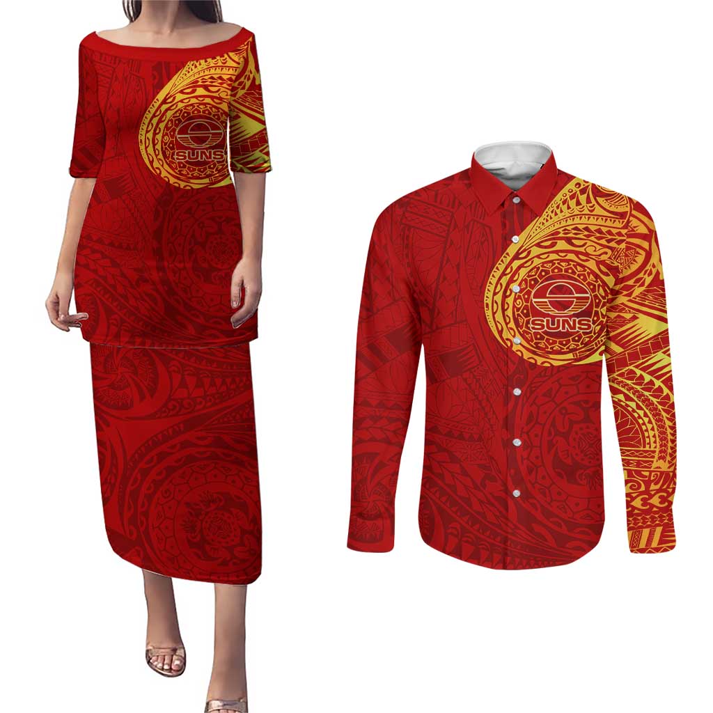 Personalized Gold Coast Suns Polynesian Couples Matching Puletasi and Long Sleeve Button Shirt Tribal Chest and Sleeve Tattoo Heritage Warrior