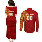 Personalized Gold Coast Suns Polynesian Couples Matching Puletasi and Long Sleeve Button Shirt Tribal Chest and Sleeve Tattoo Heritage Warrior