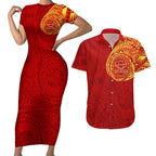 Personalized Gold Coast Suns Polynesian Couples Matching Short Sleeve Bodycon Dress and Hawaiian Shirt Tribal Chest and Sleeve Tattoo Heritage Warrior