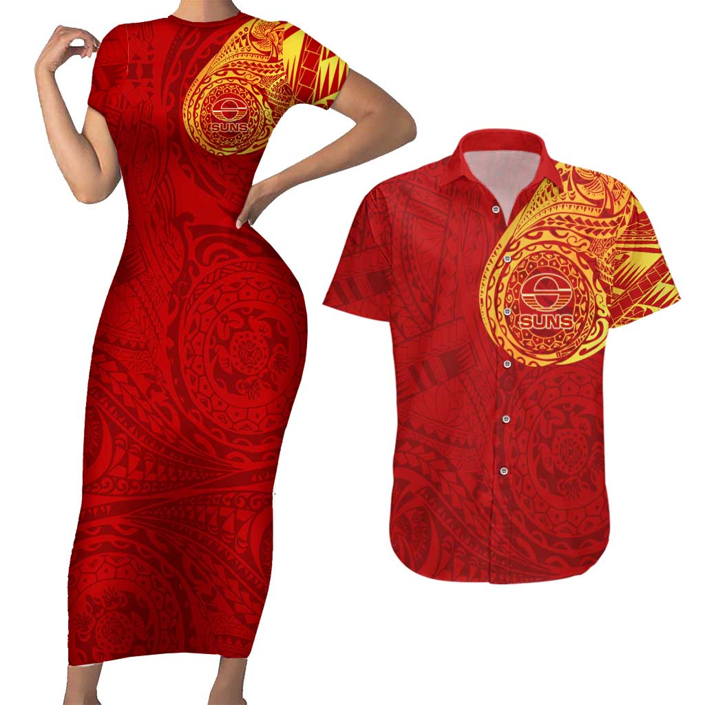 Personalized Gold Coast Suns Polynesian Couples Matching Short Sleeve Bodycon Dress and Hawaiian Shirt Tribal Chest and Sleeve Tattoo Heritage Warrior