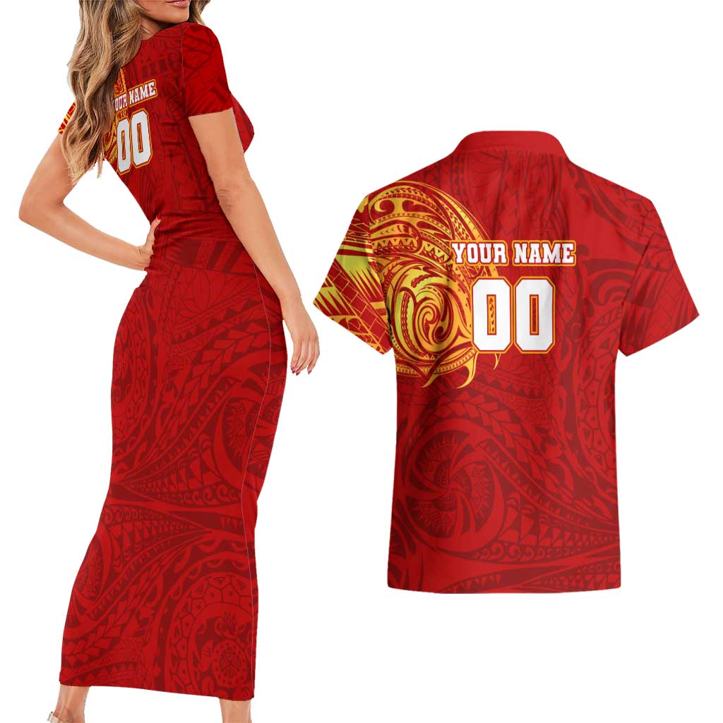 Personalized Gold Coast Suns Polynesian Couples Matching Short Sleeve Bodycon Dress and Hawaiian Shirt Tribal Chest and Sleeve Tattoo Heritage Warrior