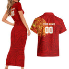 Personalized Gold Coast Suns Polynesian Couples Matching Short Sleeve Bodycon Dress and Hawaiian Shirt Tribal Chest and Sleeve Tattoo Heritage Warrior