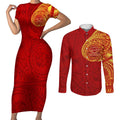 Personalized Gold Coast Suns Polynesian Couples Matching Short Sleeve Bodycon Dress and Long Sleeve Button Shirt Tribal Chest and Sleeve Tattoo Heritage Warrior