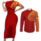 Personalized Gold Coast Suns Polynesian Couples Matching Short Sleeve Bodycon Dress and Long Sleeve Button Shirt Tribal Chest and Sleeve Tattoo Heritage Warrior