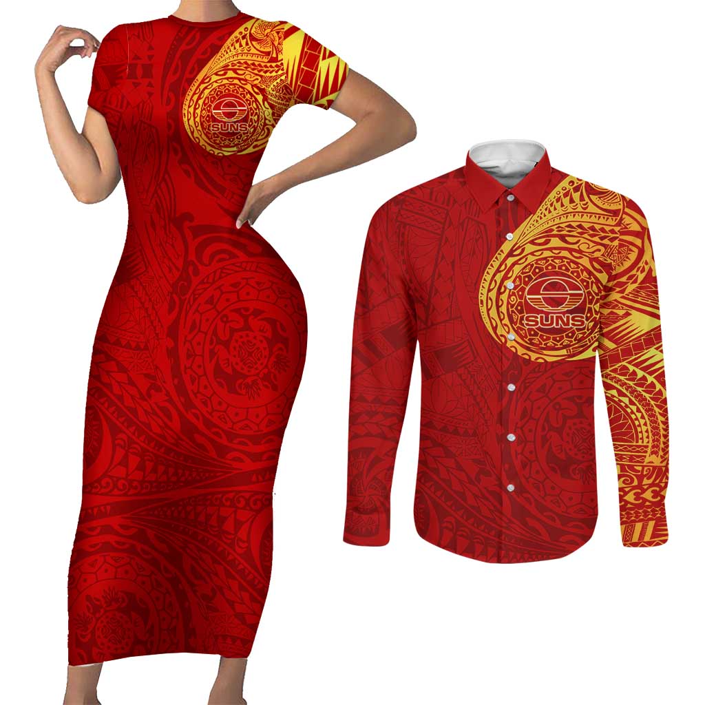 Personalized Gold Coast Suns Polynesian Couples Matching Short Sleeve Bodycon Dress and Long Sleeve Button Shirt Tribal Chest and Sleeve Tattoo Heritage Warrior