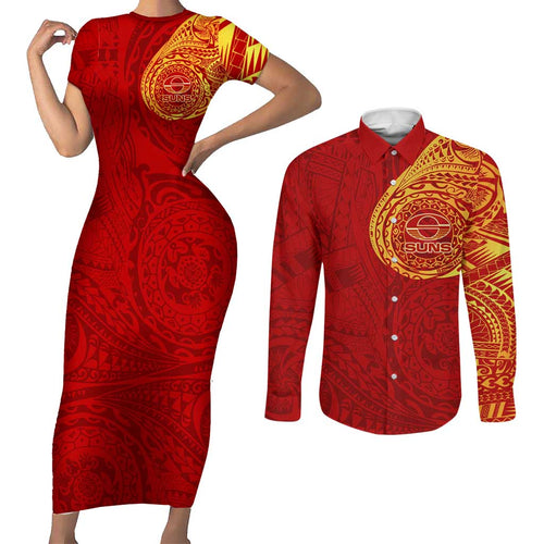 Personalized Gold Coast Suns Polynesian Couples Matching Short Sleeve Bodycon Dress and Long Sleeve Button Shirt Tribal Chest and Sleeve Tattoo Heritage Warrior