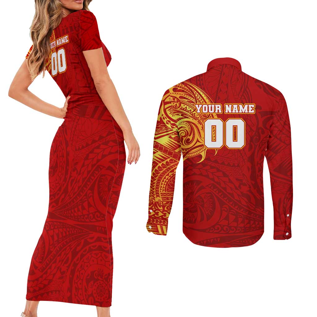 Personalized Gold Coast Suns Polynesian Couples Matching Short Sleeve Bodycon Dress and Long Sleeve Button Shirt Tribal Chest and Sleeve Tattoo Heritage Warrior