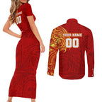 Personalized Gold Coast Suns Polynesian Couples Matching Short Sleeve Bodycon Dress and Long Sleeve Button Shirt Tribal Chest and Sleeve Tattoo Heritage Warrior