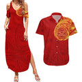 Personalized Gold Coast Suns Polynesian Couples Matching Summer Maxi Dress and Hawaiian Shirt Tribal Chest and Sleeve Tattoo Heritage Warrior
