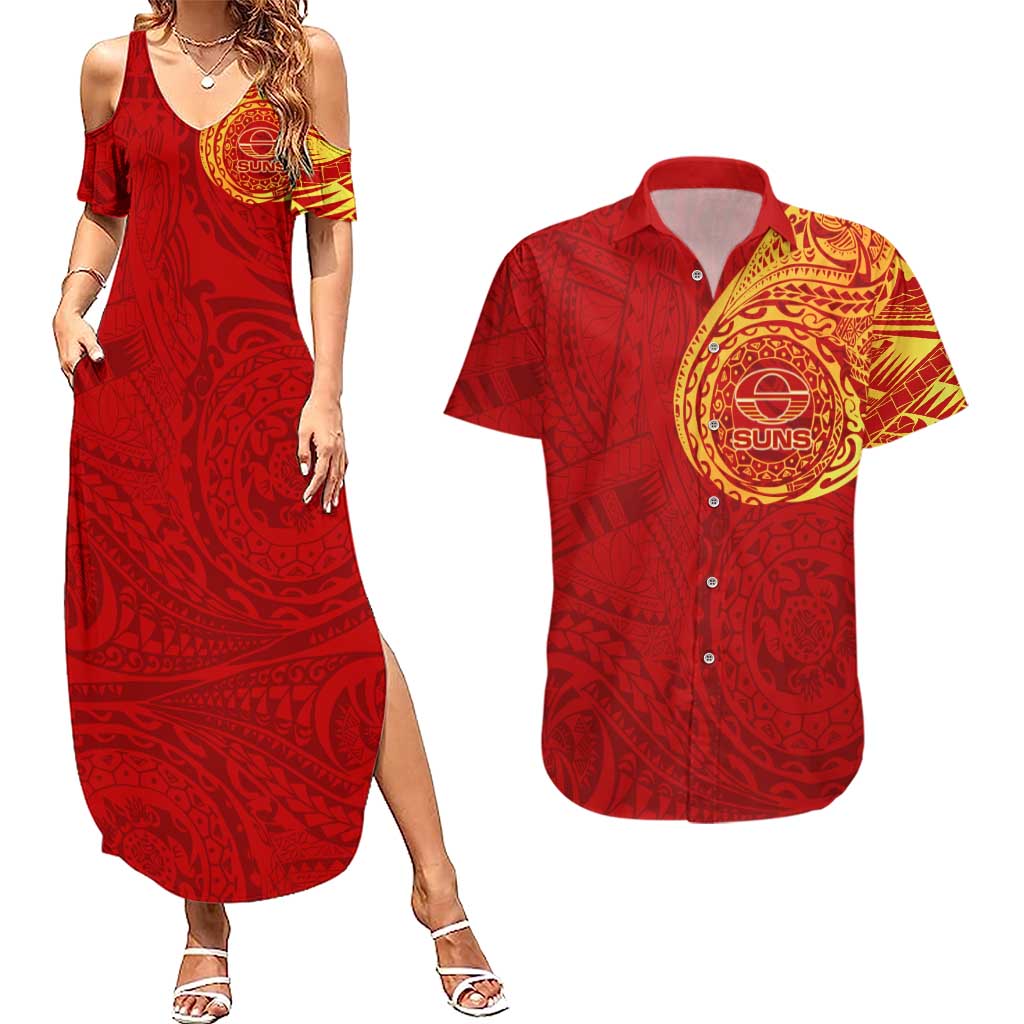 Personalized Gold Coast Suns Polynesian Couples Matching Summer Maxi Dress and Hawaiian Shirt Tribal Chest and Sleeve Tattoo Heritage Warrior