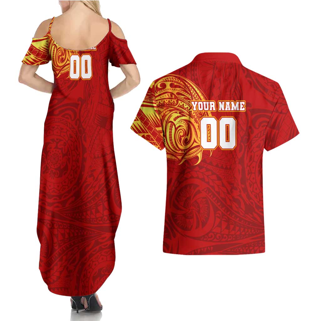 Personalized Gold Coast Suns Polynesian Couples Matching Summer Maxi Dress and Hawaiian Shirt Tribal Chest and Sleeve Tattoo Heritage Warrior