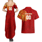 Personalized Gold Coast Suns Polynesian Couples Matching Summer Maxi Dress and Hawaiian Shirt Tribal Chest and Sleeve Tattoo Heritage Warrior