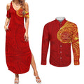 Personalized Gold Coast Suns Polynesian Couples Matching Summer Maxi Dress and Long Sleeve Button Shirt Tribal Chest and Sleeve Tattoo Heritage Warrior
