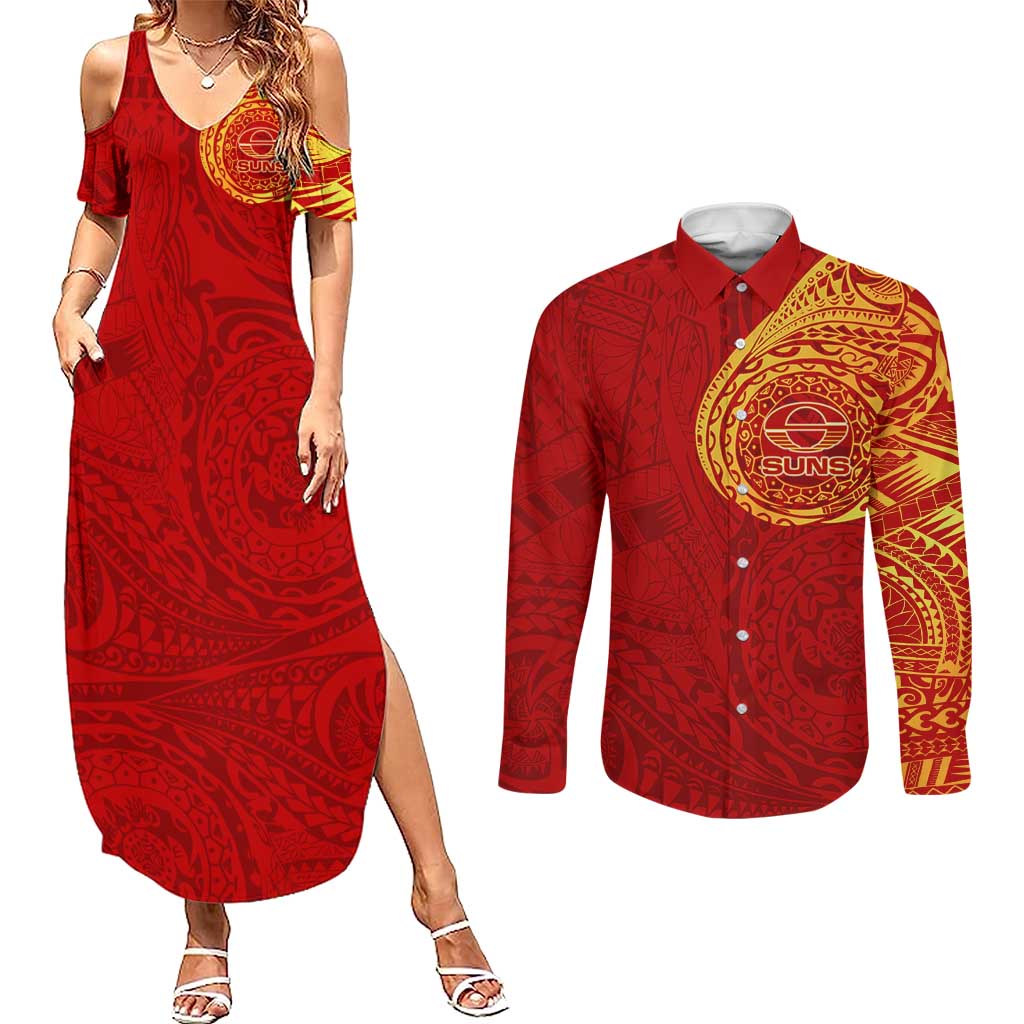 Personalized Gold Coast Suns Polynesian Couples Matching Summer Maxi Dress and Long Sleeve Button Shirt Tribal Chest and Sleeve Tattoo Heritage Warrior