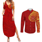 Personalized Gold Coast Suns Polynesian Couples Matching Summer Maxi Dress and Long Sleeve Button Shirt Tribal Chest and Sleeve Tattoo Heritage Warrior