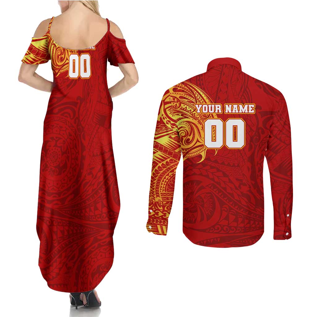 Personalized Gold Coast Suns Polynesian Couples Matching Summer Maxi Dress and Long Sleeve Button Shirt Tribal Chest and Sleeve Tattoo Heritage Warrior